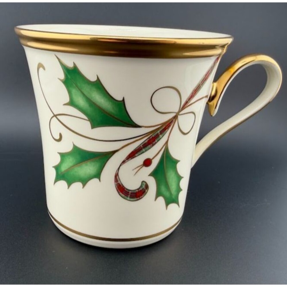 Lenox Holiday Nouveau Gold Mug, Holly Berry Plaid Ribbon, New with Tags - Picture 3 of 9